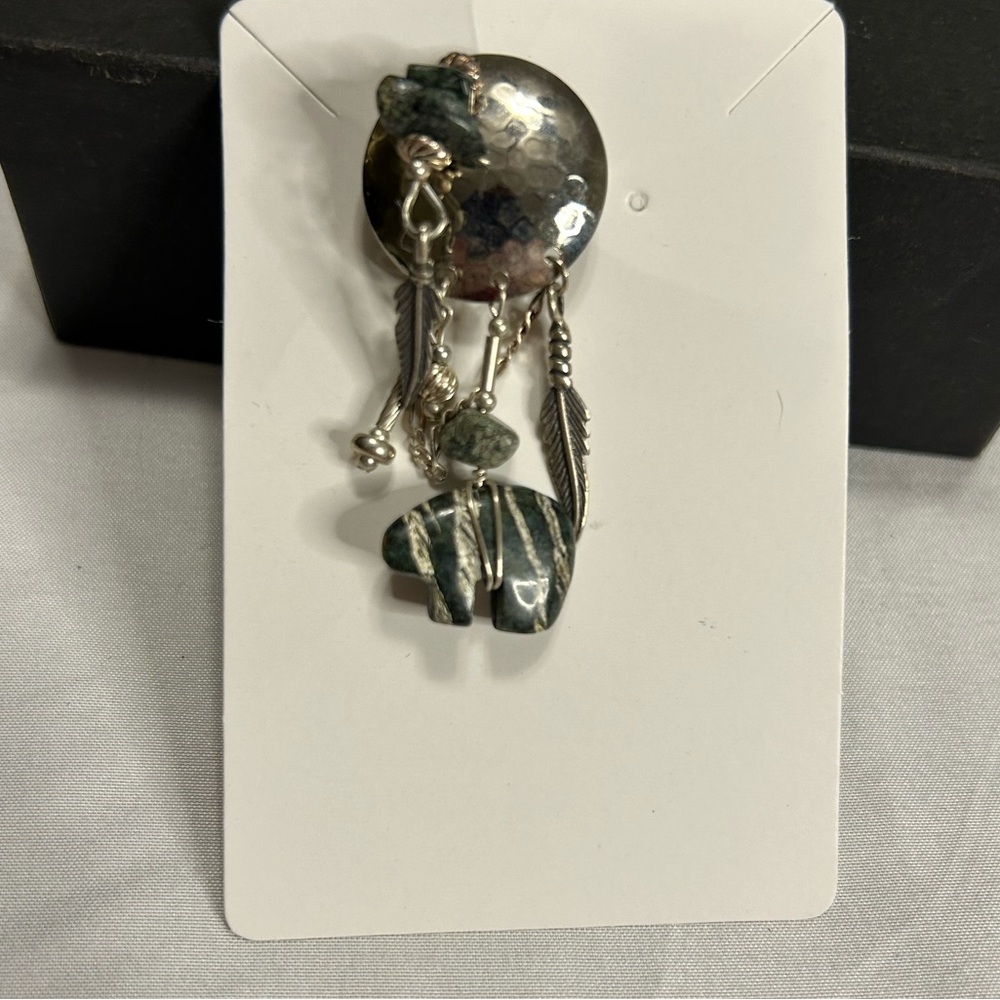Southwestern Native feather silver and stone bear pin brooch